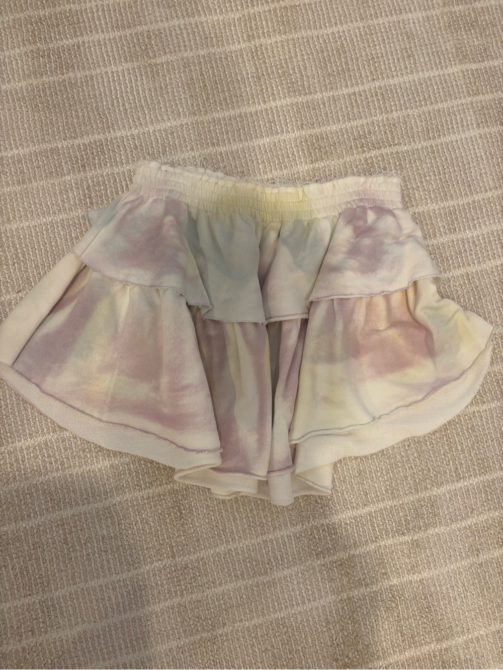 LoveShackFancy Pastel Tie-Dye Ruffle Mini Skirt in Lavender, Yellow, Pink